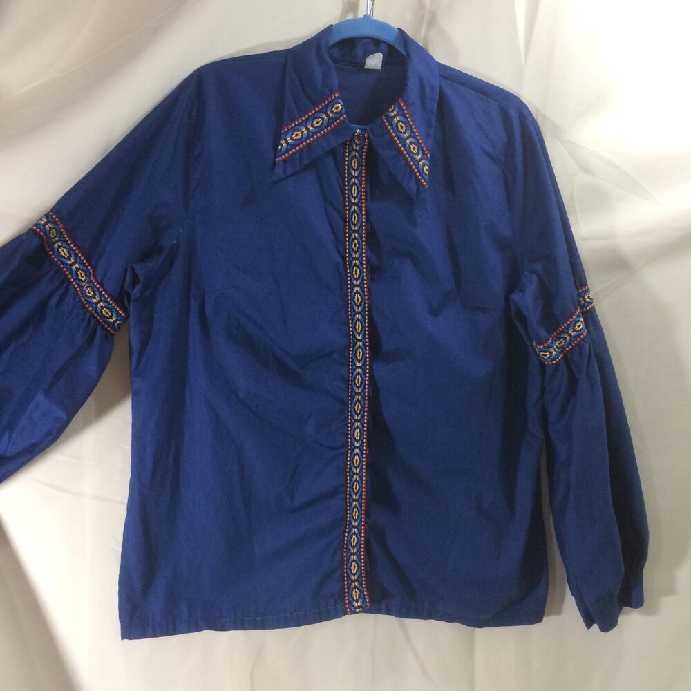 Vintage 1970s Womens L Blue Blouse Woven Trim Bishop Sleeve Union Made USA - Picture 2 of 7